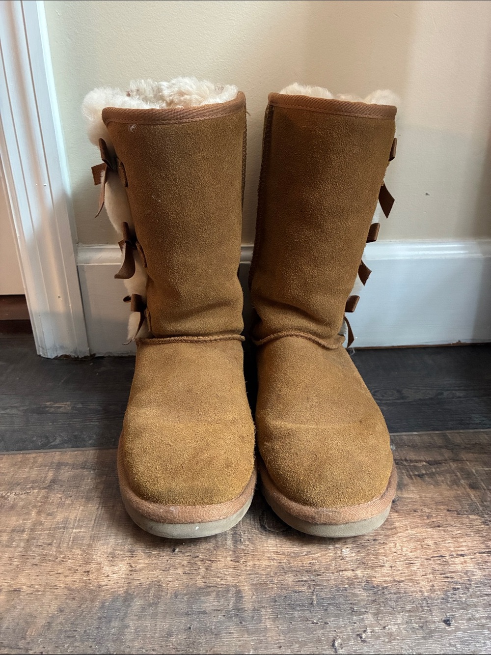 UGG Chestnut Suede Shearling Mid-Calf Boots with Side Bows